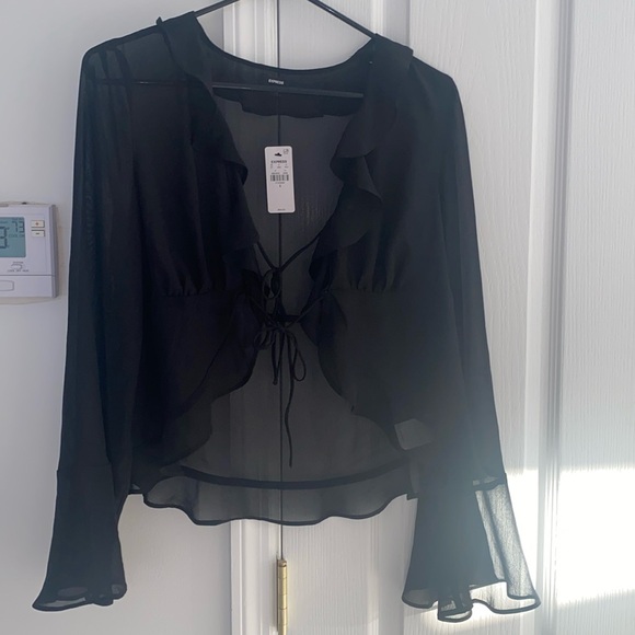 NWT! Express Sheer V-Neck Kimono Sleeve Tie-Front Ruffle Blouse - Picture 1 of 10